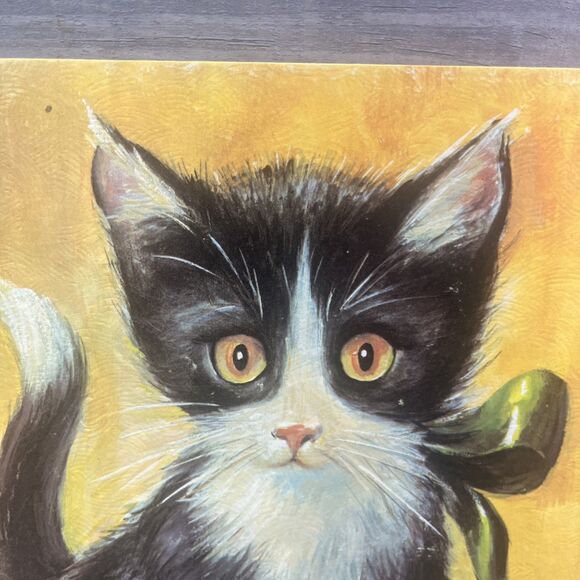 Tuxedo Black White Cat Green Ribbon 8x10 RF Harnett Litho in USA - Picture 2 of 12